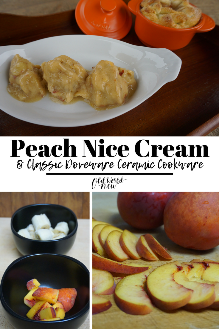 ceramic cookware & peach nice cream, sustainable, natural, dairy free ice cream