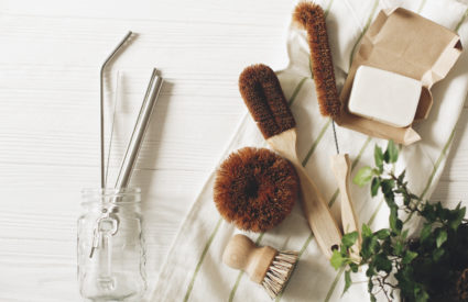 eco natural coconut soap and brushes for washing dishes, metal straws, eco friendly flat lay. sustainable lifestyle concept. zero waste food cleaning. plastic free items. reuse, reduce