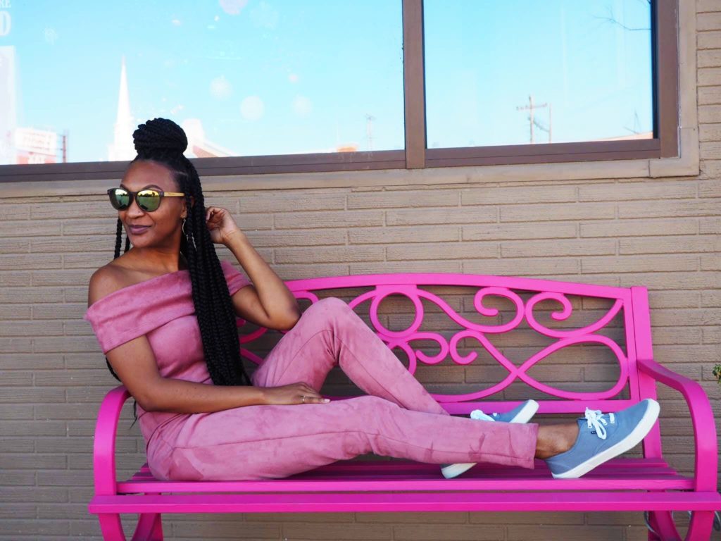 Galentine's Photoshoot with a pink fashion nova jumpsuit from the thrift store