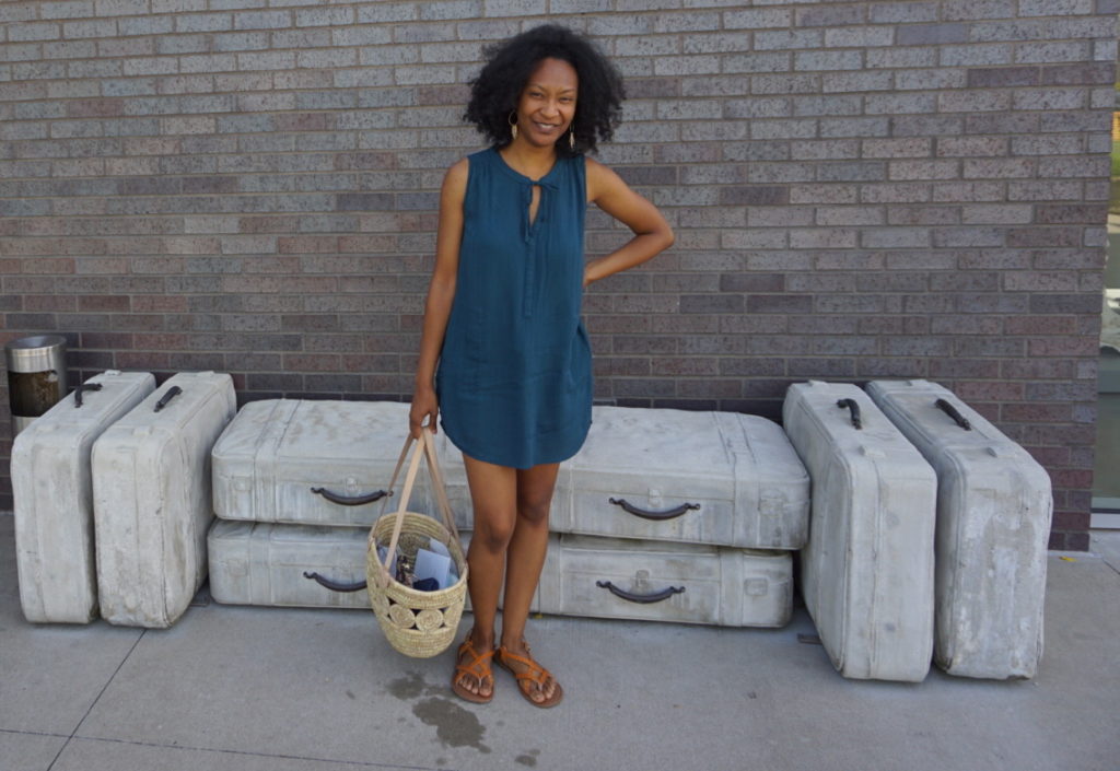 prAna outfit and ten thousand villages fair trade woven tote bag