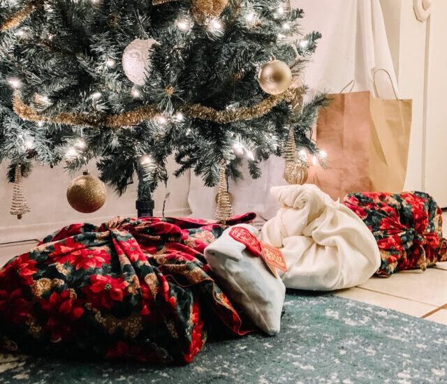 furoshiki christmas presents under christmas tree